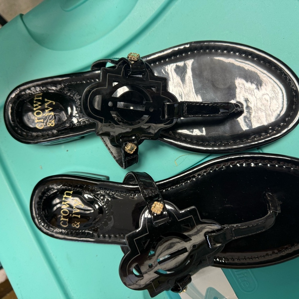 Crown & Ivy Black Sandals with Gold Accents